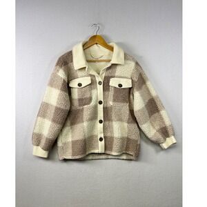 COZIE by PINK ROSE Plaid Sherpa Shacket Jacket Cream Brown Button Up Size L
